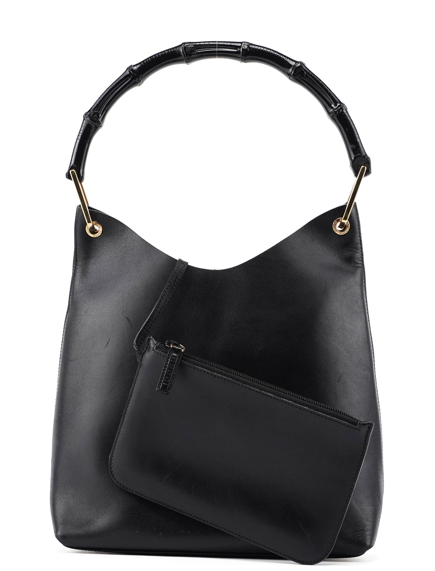 Black Leather Bamboo Shoulder Bag W/ Pouch