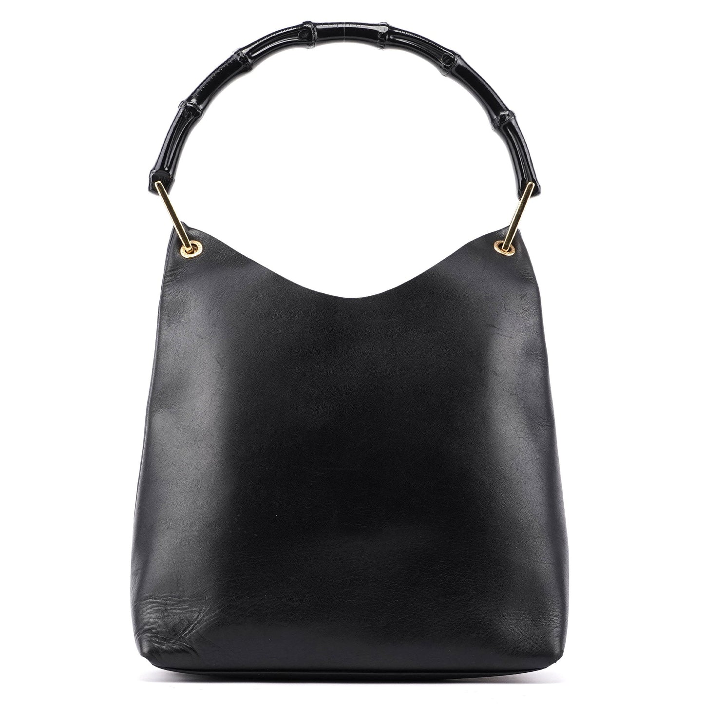 Black Leather Bamboo Shoulder Bag W/ Pouch