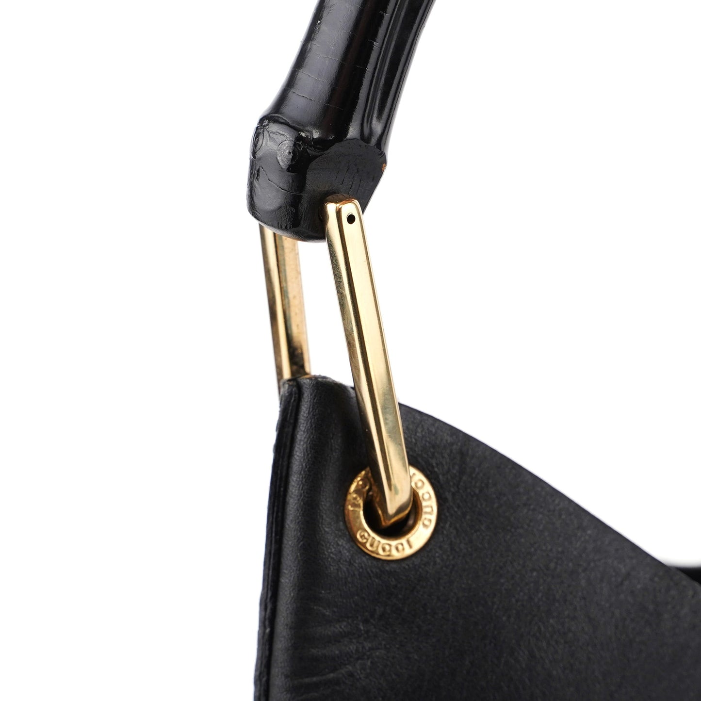 Black Leather Bamboo Shoulder Bag W/ Pouch