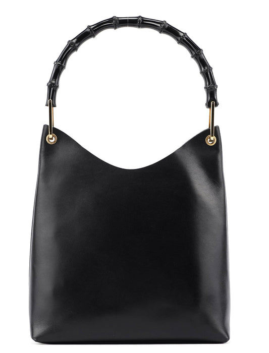 Black Leather Bamboo Shoulder Bag W/ Pouch