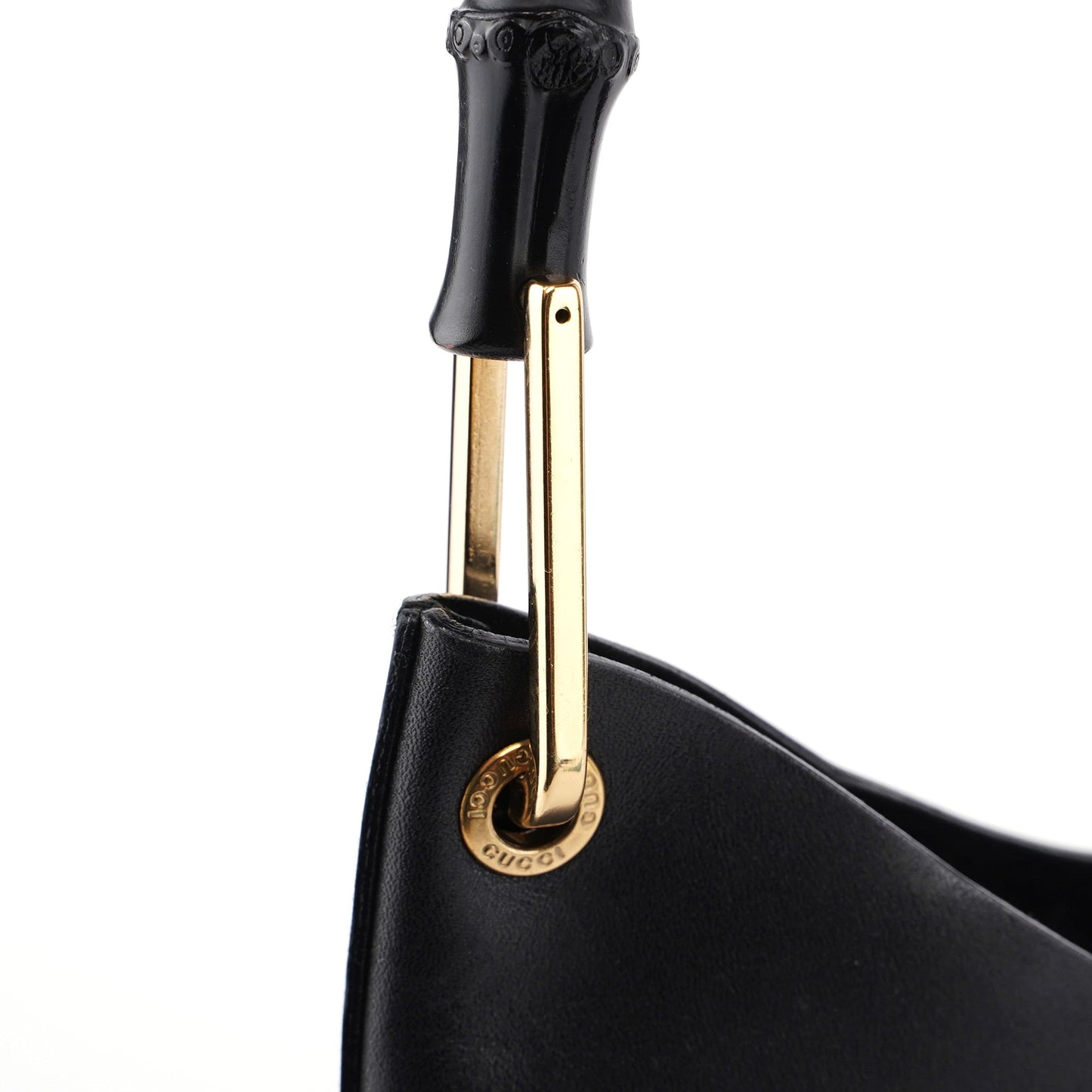 Black Leather Bamboo Shoulder Bag W/ Pouch