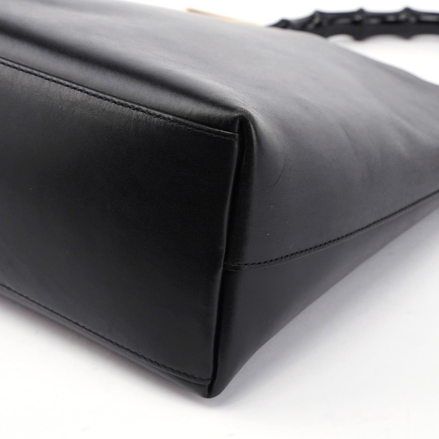 Black Leather Bamboo Shoulder Bag W/ Pouch