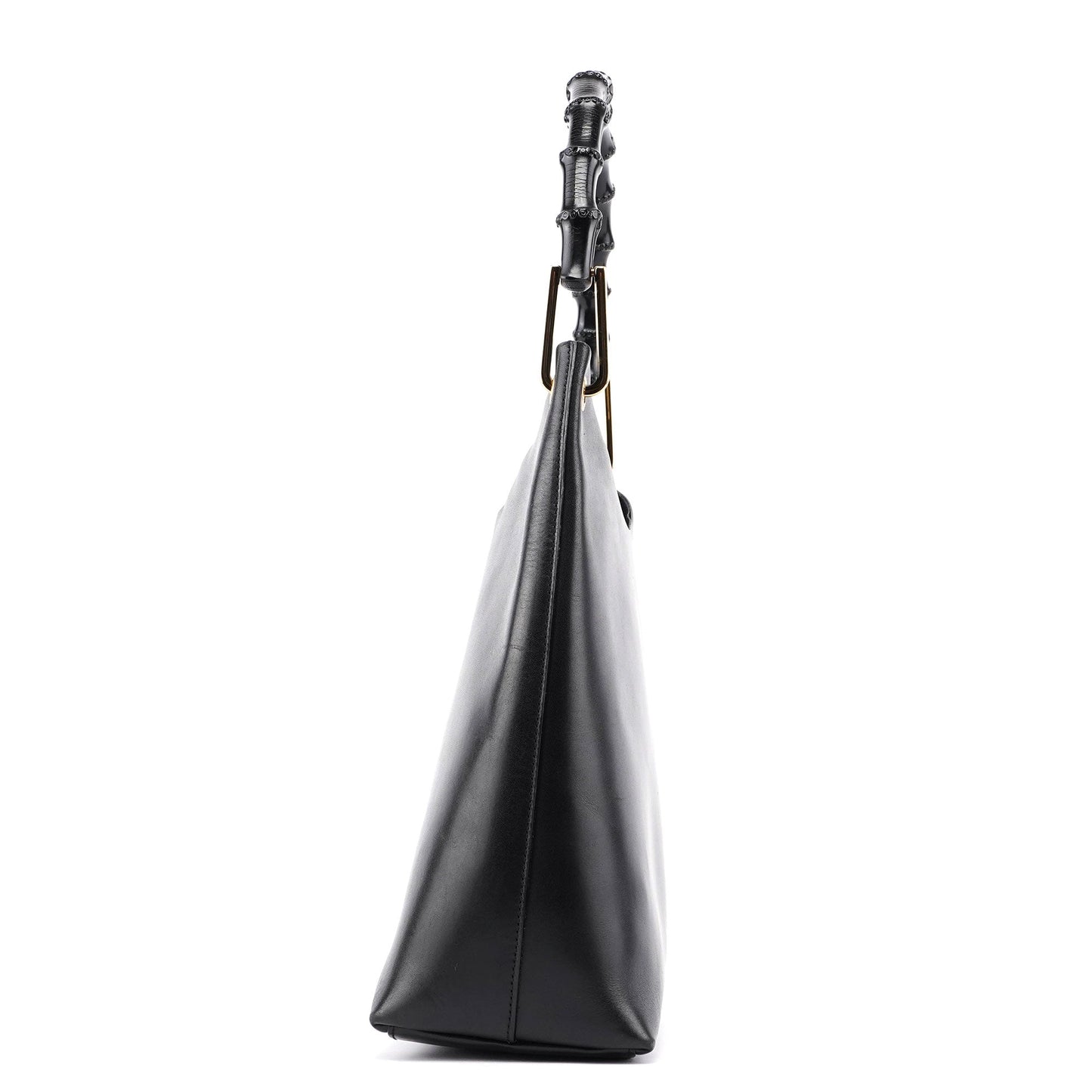 Black Leather Bamboo Shoulder Bag W/ Pouch