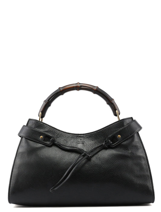 Black Leather Bamboo Top Handle Bag