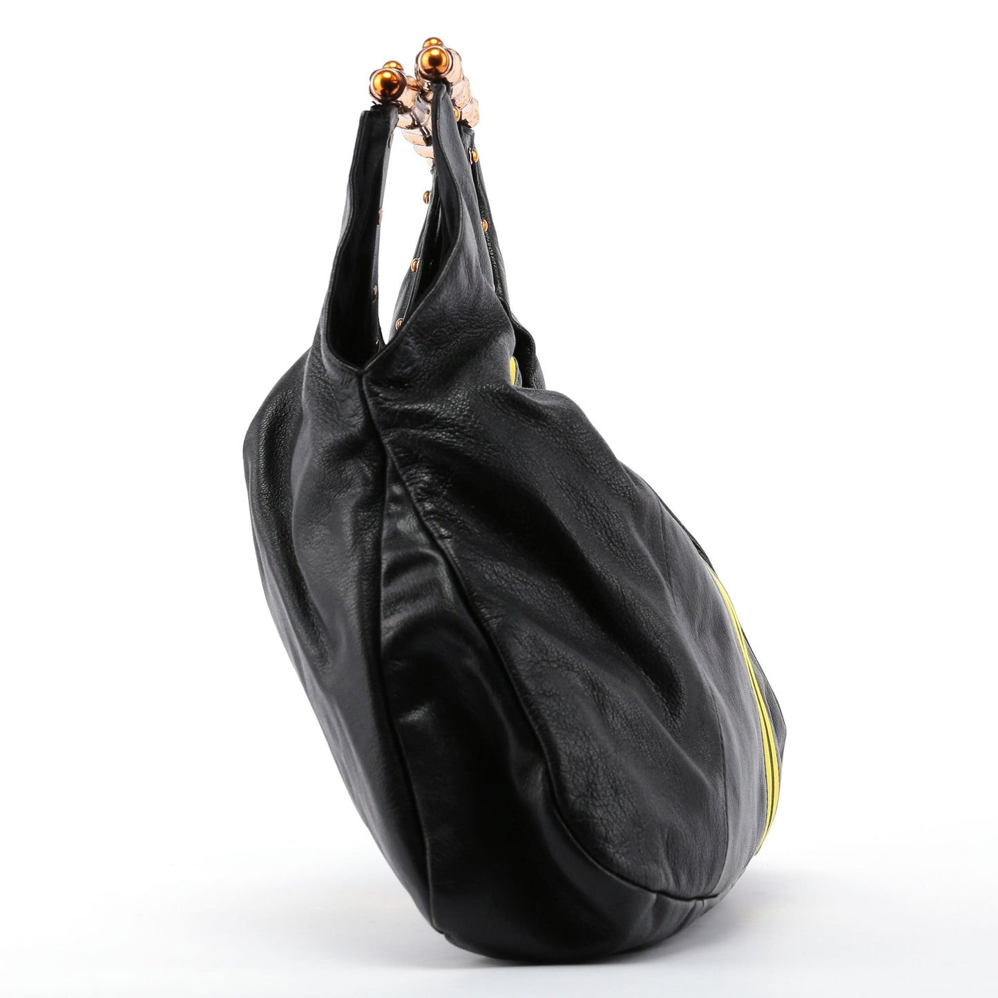 Black Leather Stripes Bamboo Bag