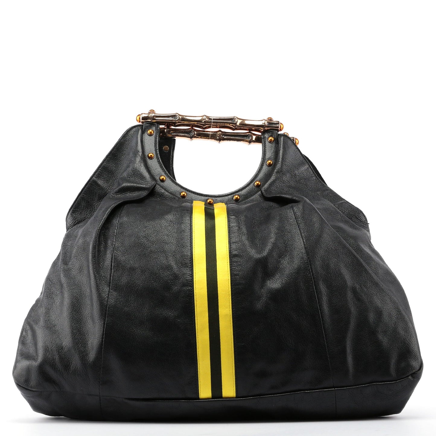 Black Leather Stripes Bamboo Bag