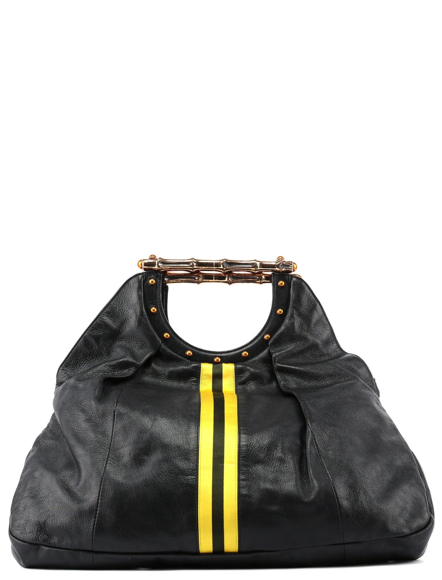 Black Leather Stripes Bamboo Bag