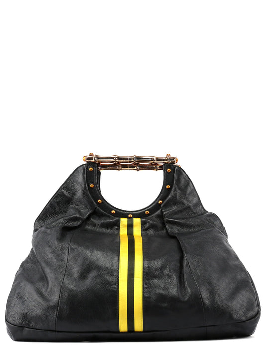 Black Leather Stripes Bamboo Bag