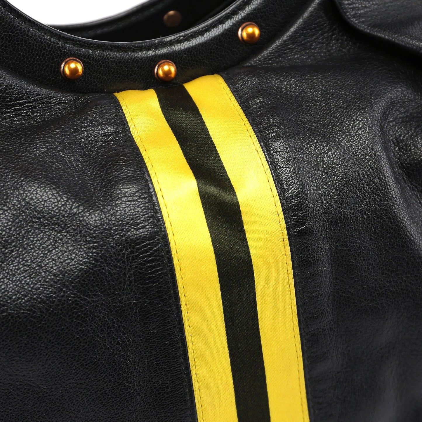 Black Leather Stripes Bamboo Bag