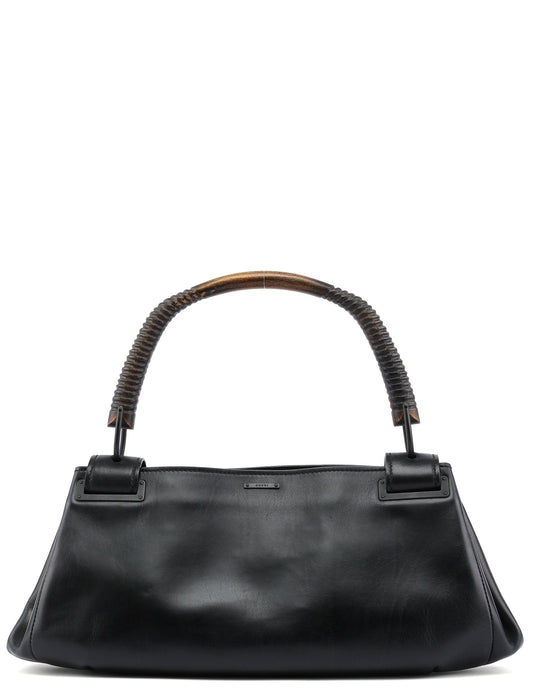 Black Leather Wood Handle Bag