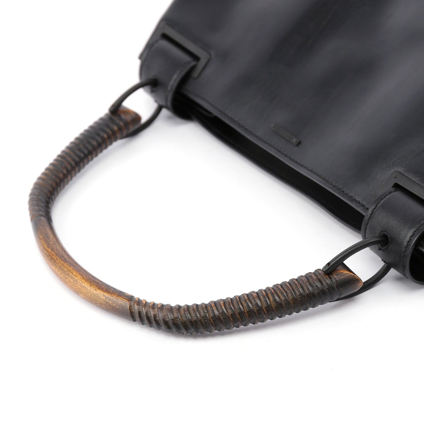 Black Leather Wood Handle Bag