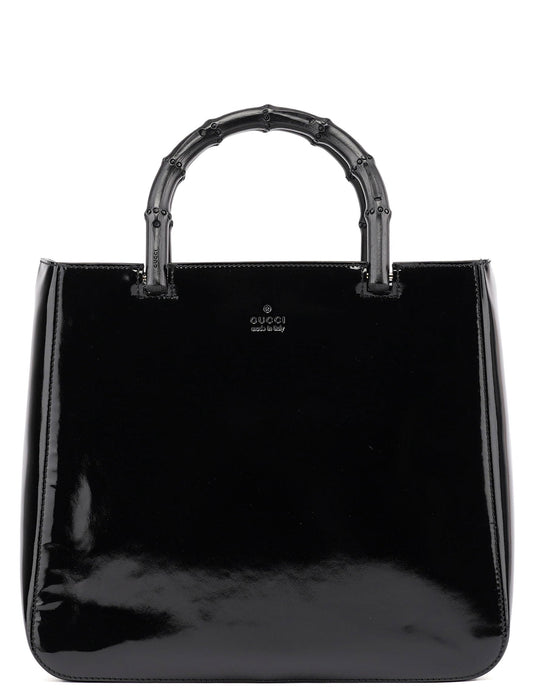 Black Patent Leather Bamboo Tote Bag
