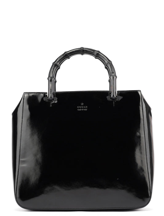 Black Patent Leather Bamboo Tote Bag
