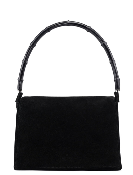 Black Suede Bamboo Flap Shoulder Bag