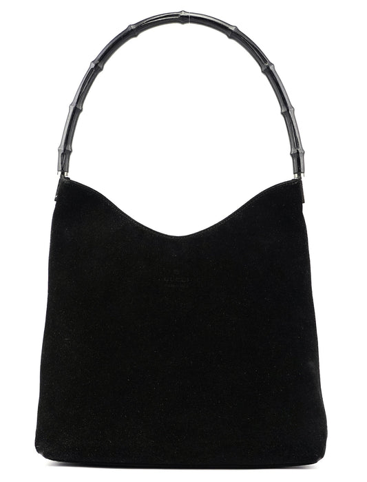 Black Suede Bamboo Hobo Shoulder Bag