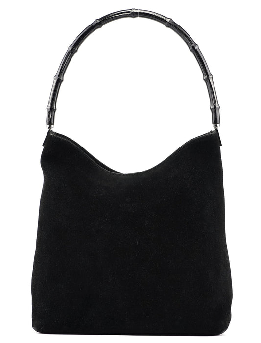 Black Suede Bamboo Hobo Shoulder Bag