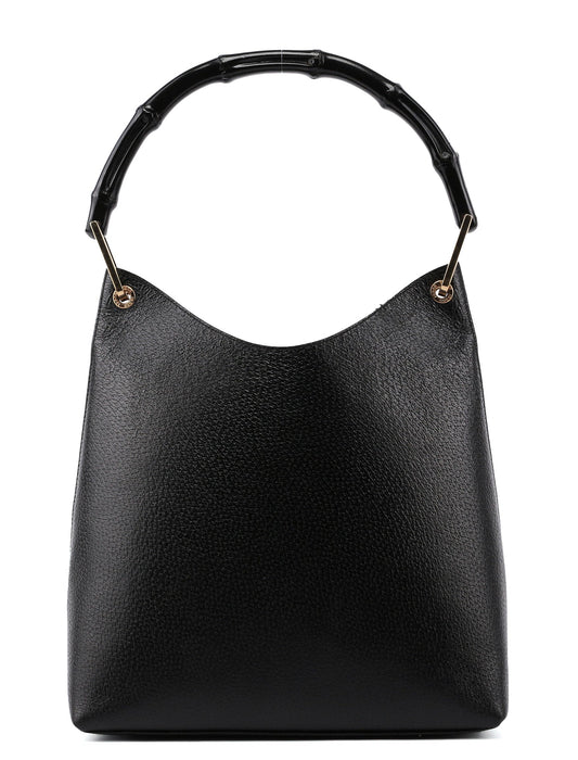 Black Textured Leather Bamboo Shoulder Bag