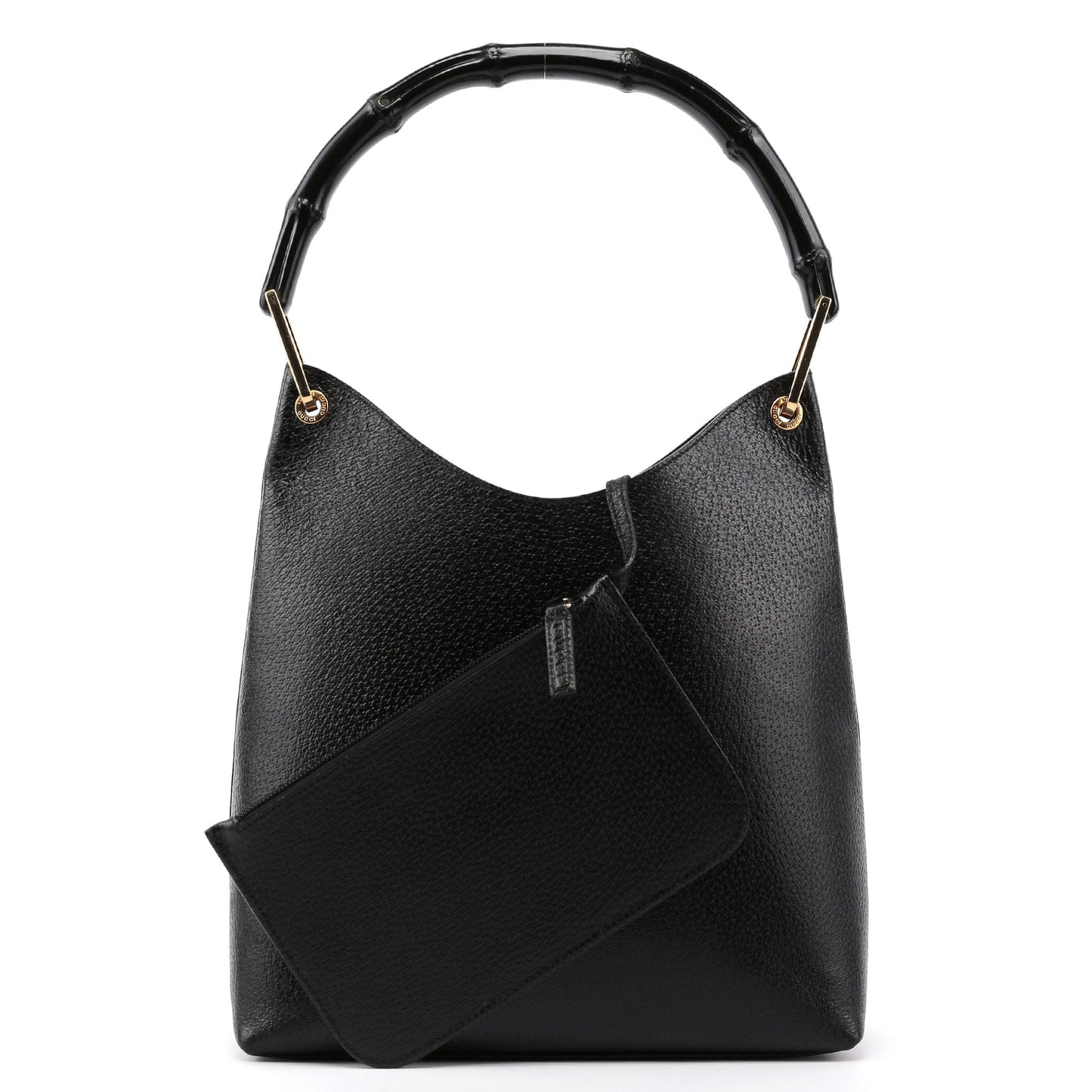 Black Textured Leather Bamboo Shoulder Bag