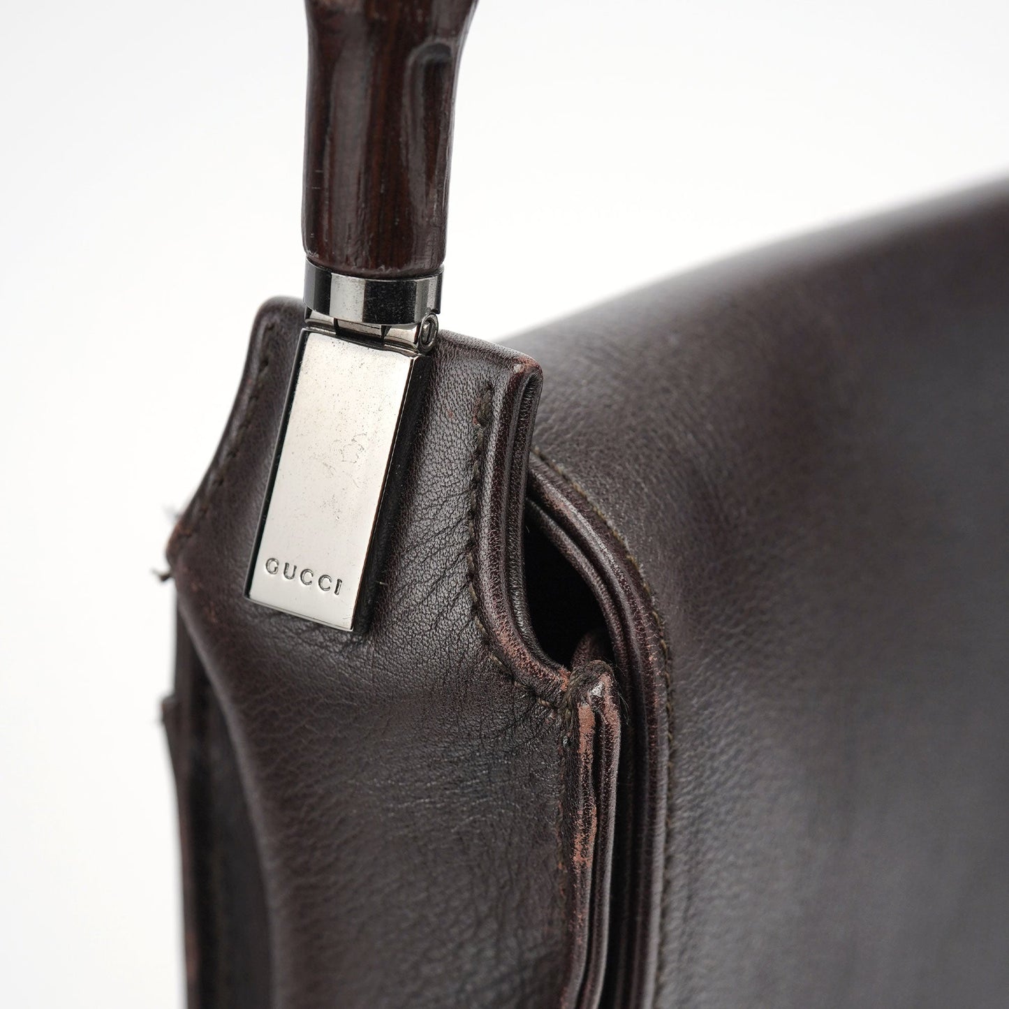 Brown Calfskin Bamboo Flap Shoulder Bag