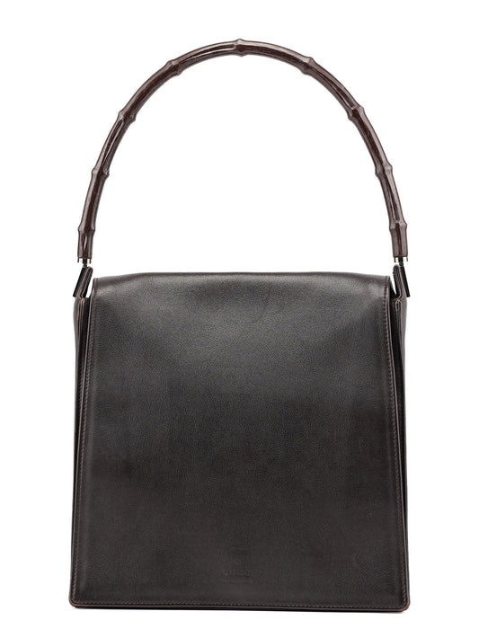 Brown Calfskin Bamboo Flap Shoulder Bag