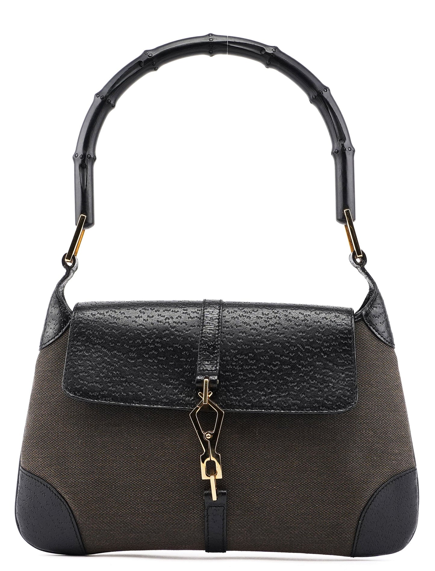 Brown Canvas Leather Jackie Bamboo Shoulder Bag