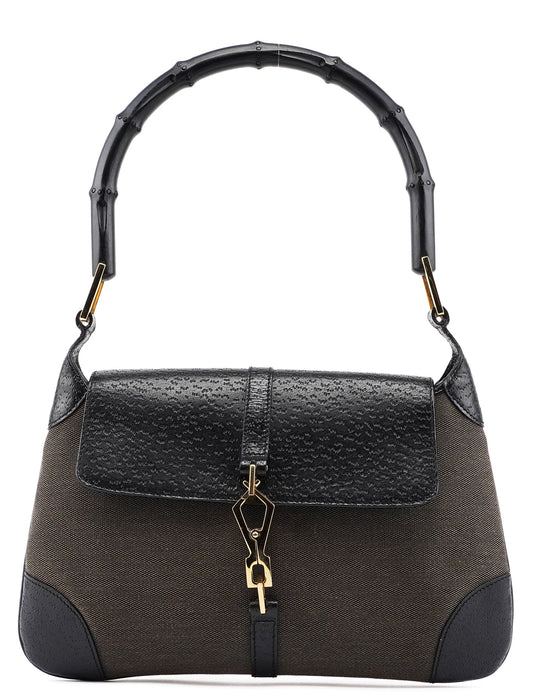 Brown Canvas Leather Jackie Bamboo Shoulder Bag