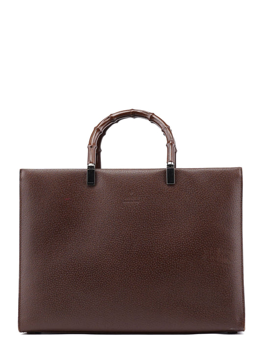 Brown Leather Bamboo 2-Way Tote Bag