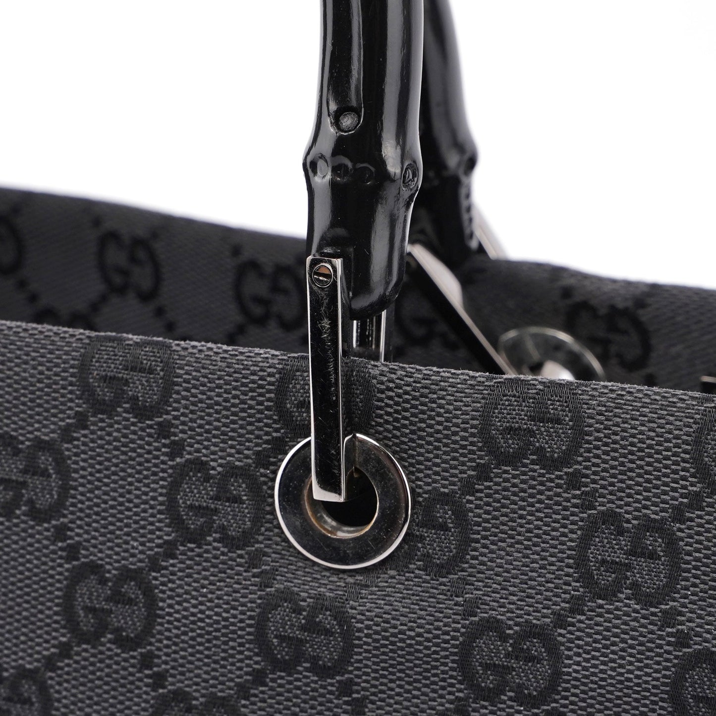 Gucci Black Canvas GG Bamboo Tote