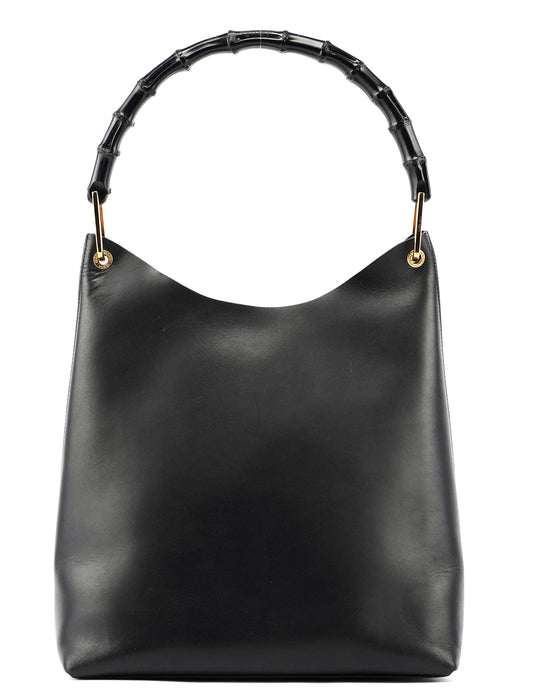 Gucci Black Leather Bamboo Hobo W/ Pouch