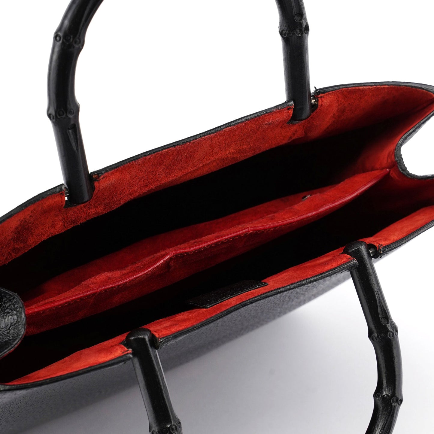 Guci Black Leather Bamboo Tote Red Int