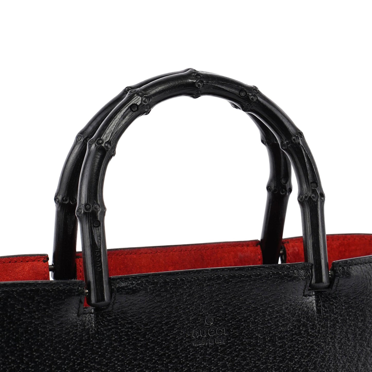 Guci Black Leather Bamboo Tote Red Int