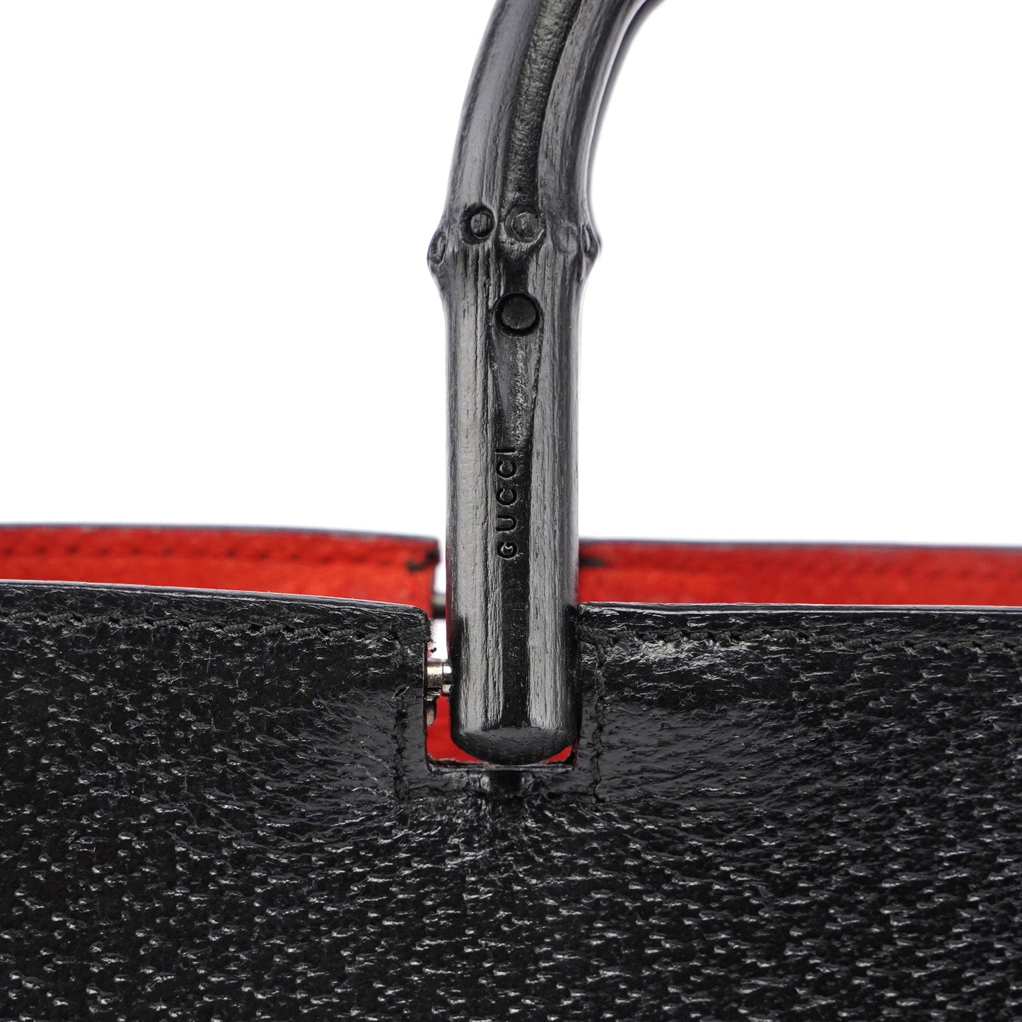 Guci Black Leather Bamboo Tote Red Int