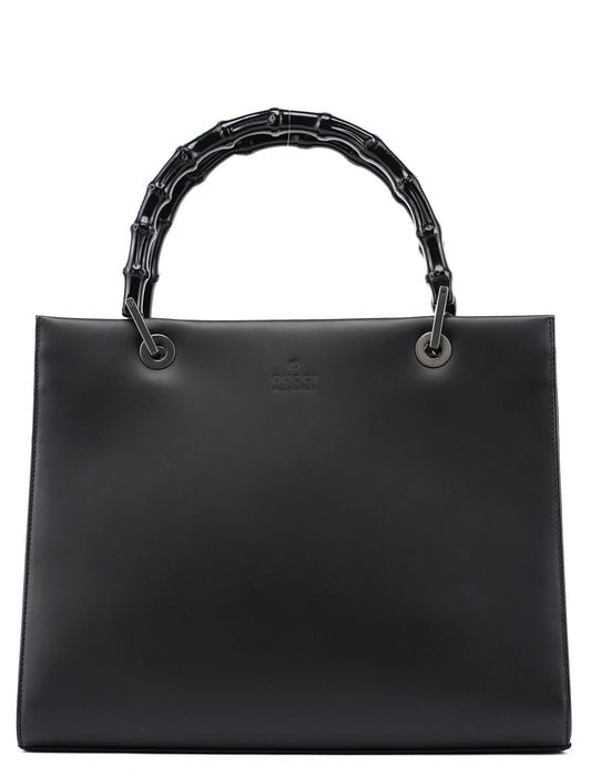 Matte Black Leather Bamboo Tote Bag