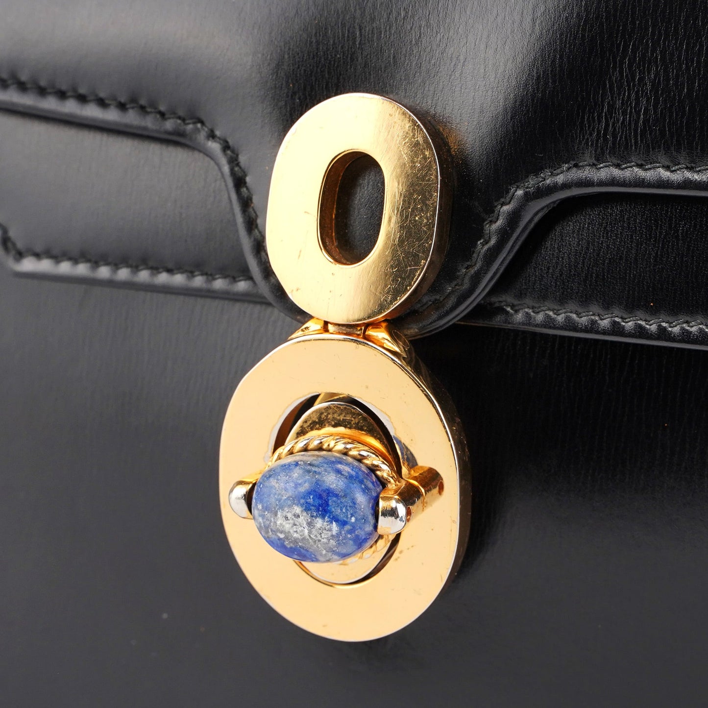 Vintage Black Calfskin Lapis Lazuli Shoulder Bag