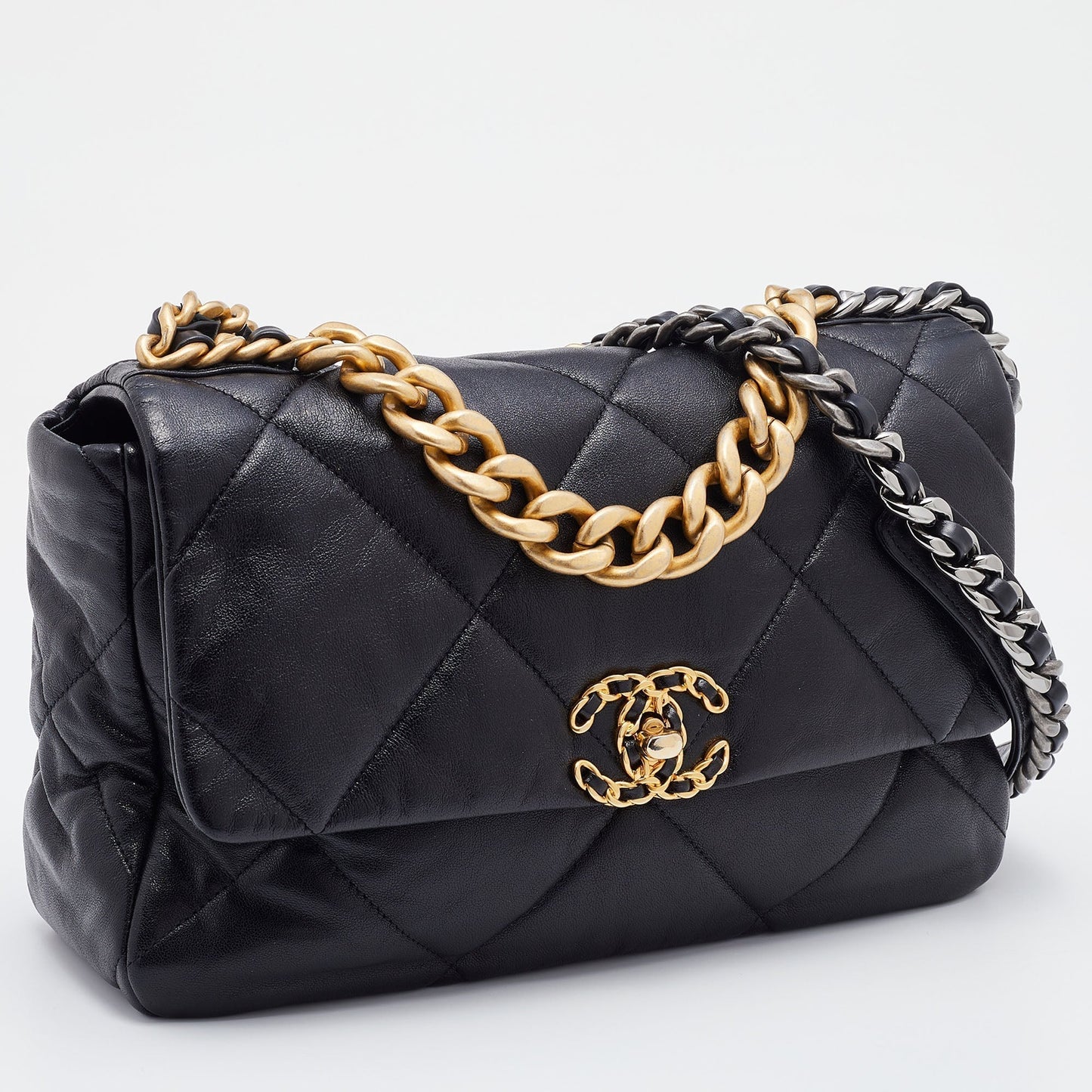 Chanel Black Quilted Leather CC Chain Link 19 Flap Bag