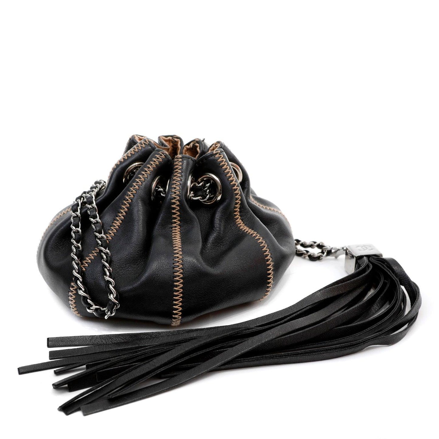 Chanel Black Lambskin/ Tan Satin Reversible Pouchette w/ Tassle