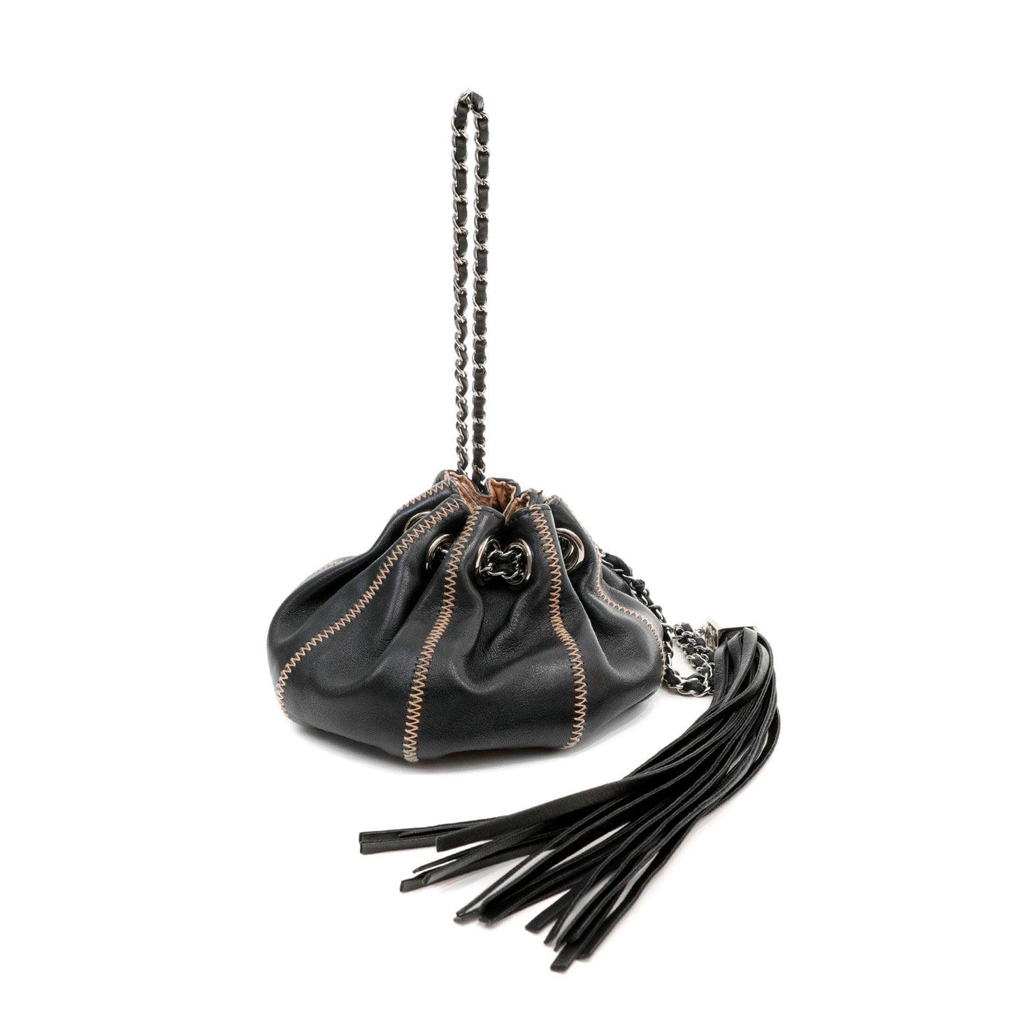 Chanel Black Lambskin/ Tan Satin Reversible Pouchette w/ Tassle