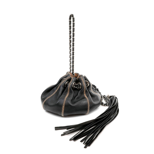 Chanel Black Lambskin/ Tan Satin Reversible Pouchette w/ Tassle