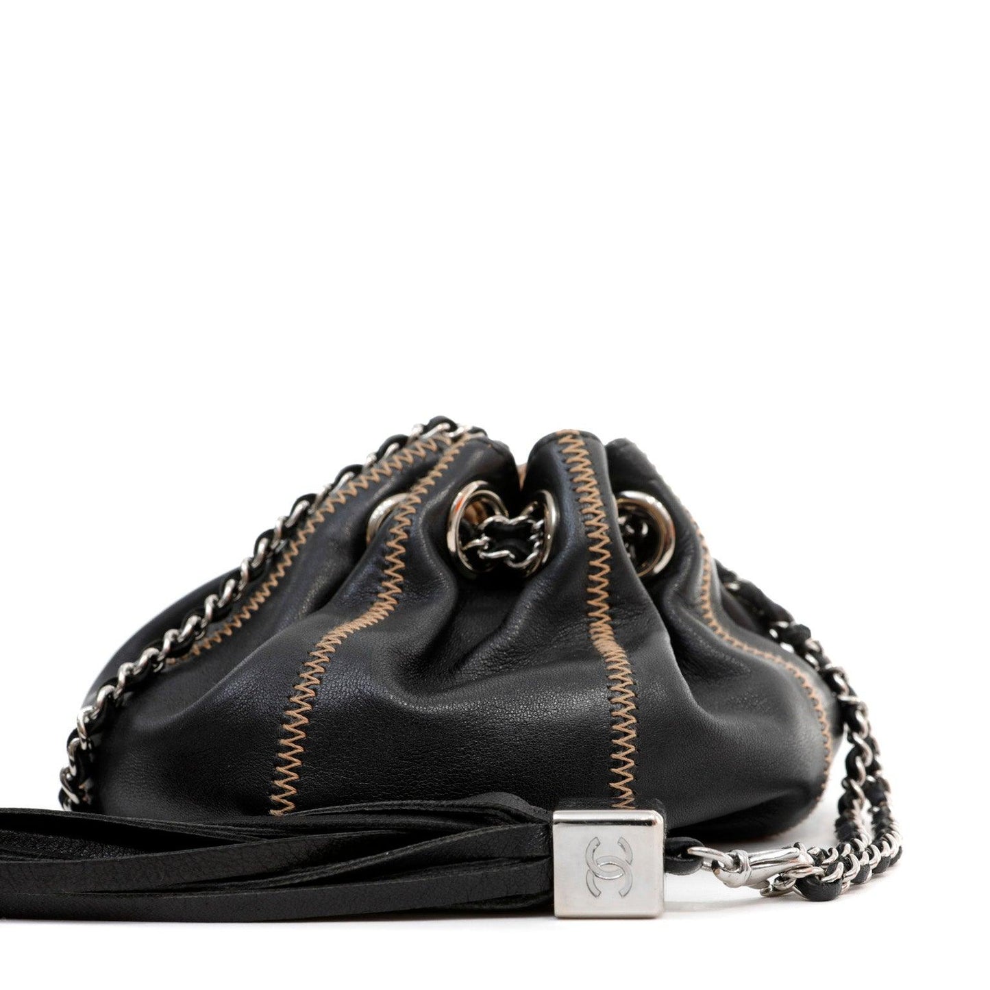 Chanel Black Lambskin/ Tan Satin Reversible Pouchette w/ Tassle