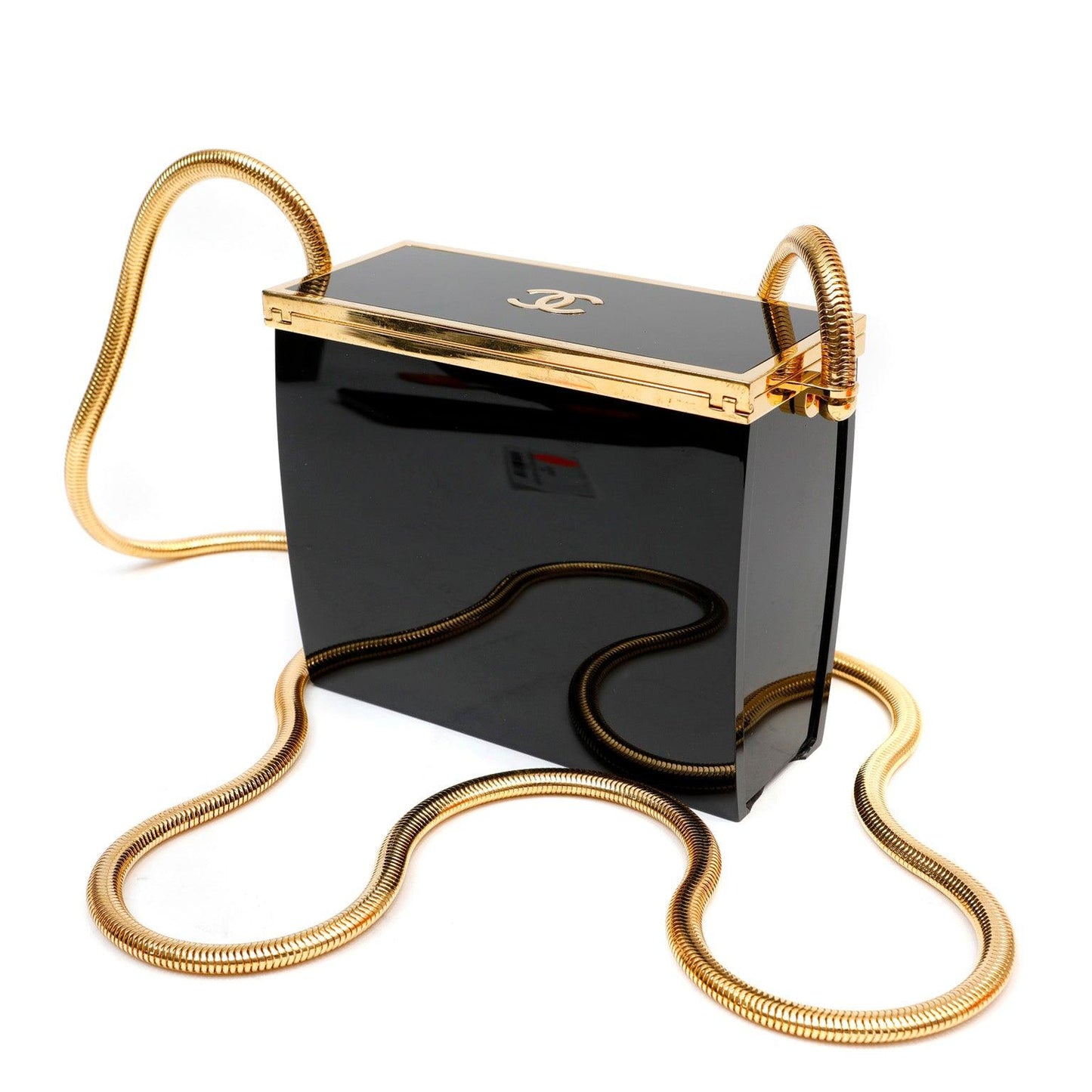 Chanel Black Lucite Box Purse w/ 24kt Gold Plated Strap