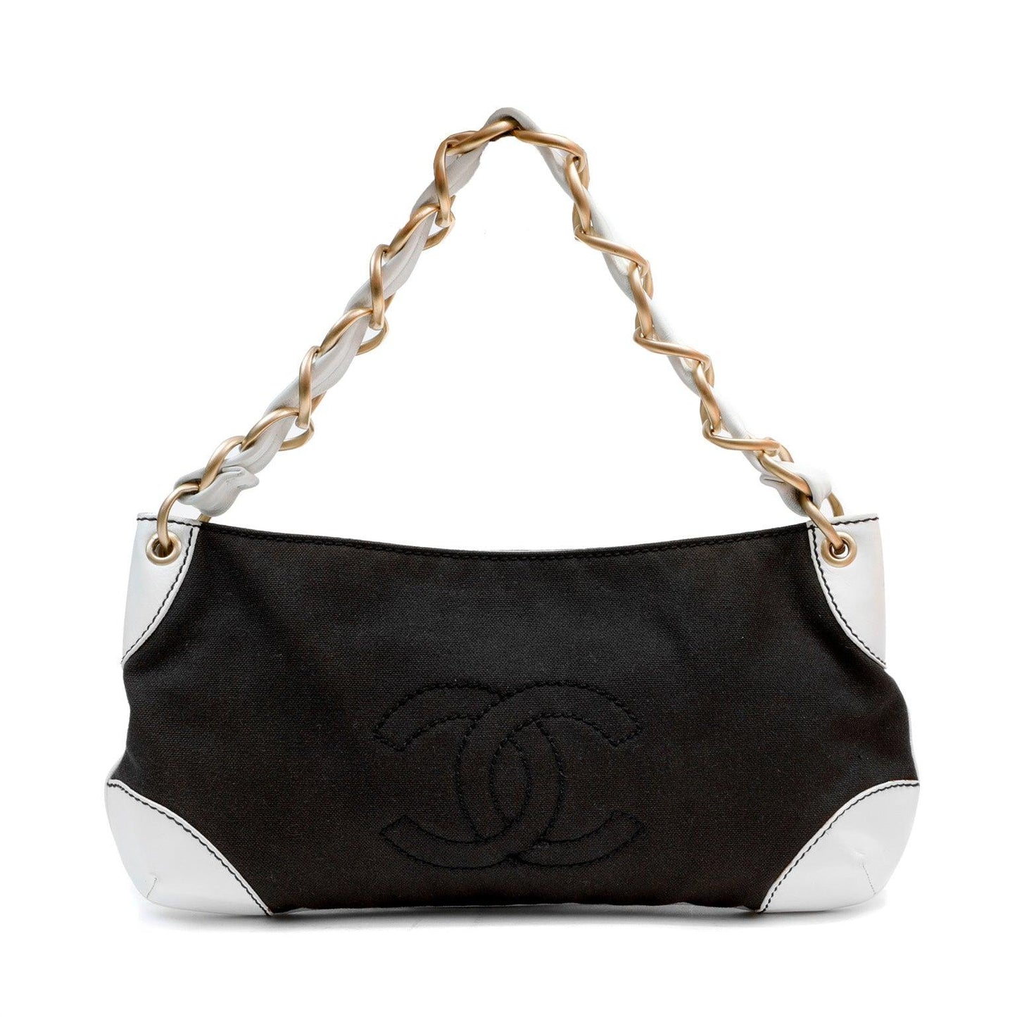 Chanel Black & White Canvas Olsen Shoulder Bag w/ Gold Hardware