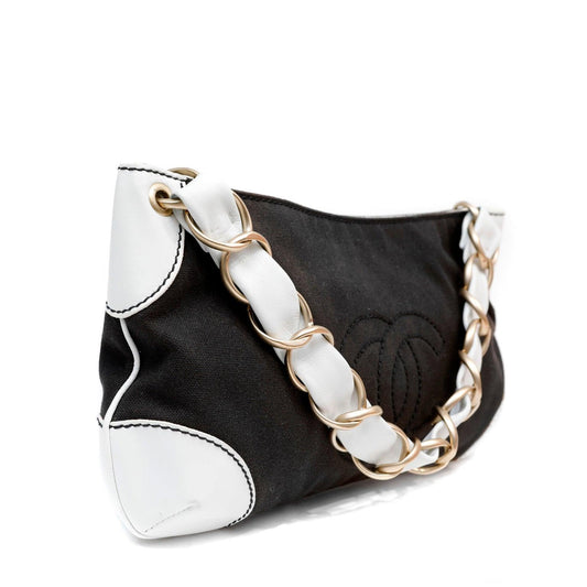 Chanel Black & White Canvas Olsen Shoulder Bag w/ Gold Hardware