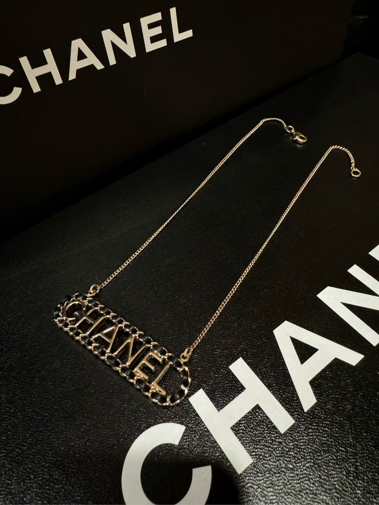 Chanel B20 Golden Leather Chain Letter Logo Choker Necklace