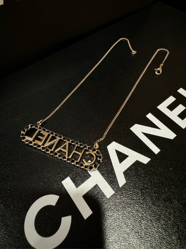 Chanel B20 Golden Leather Chain Letter Logo Choker Necklace