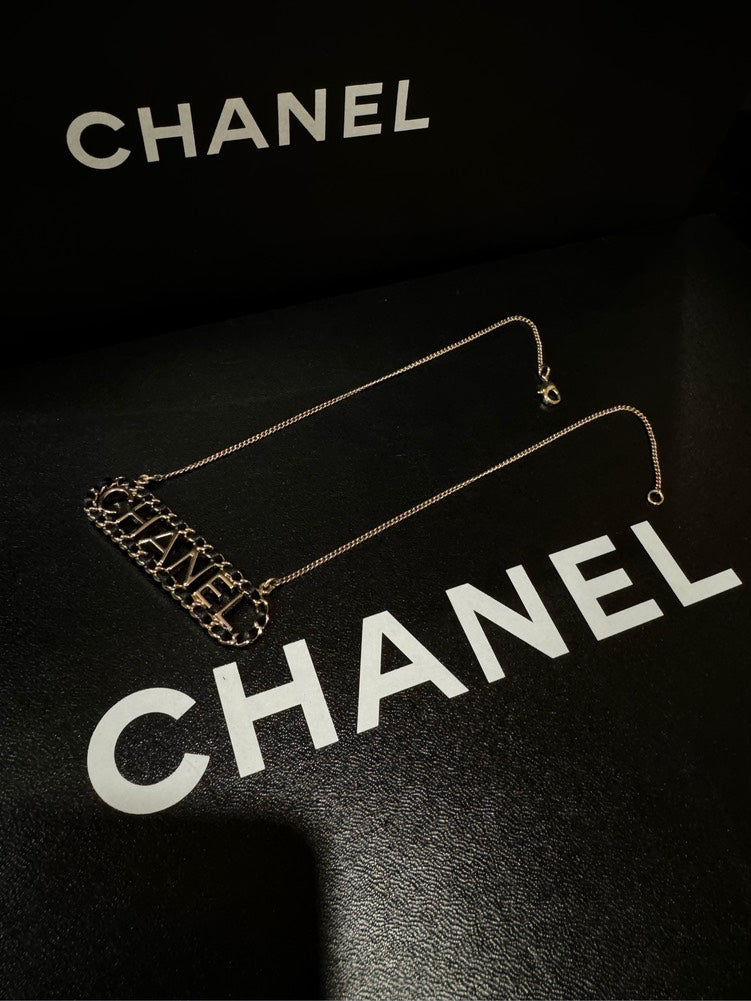 Chanel B20 Golden Leather Chain Letter Logo Choker Necklace