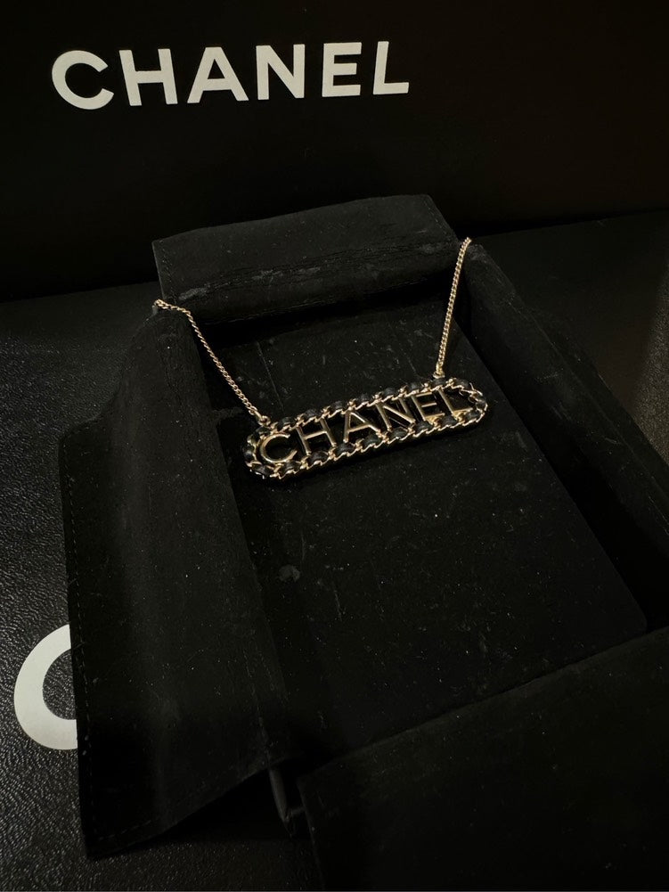 Chanel B20 Golden Leather Chain Letter Logo Choker Necklace